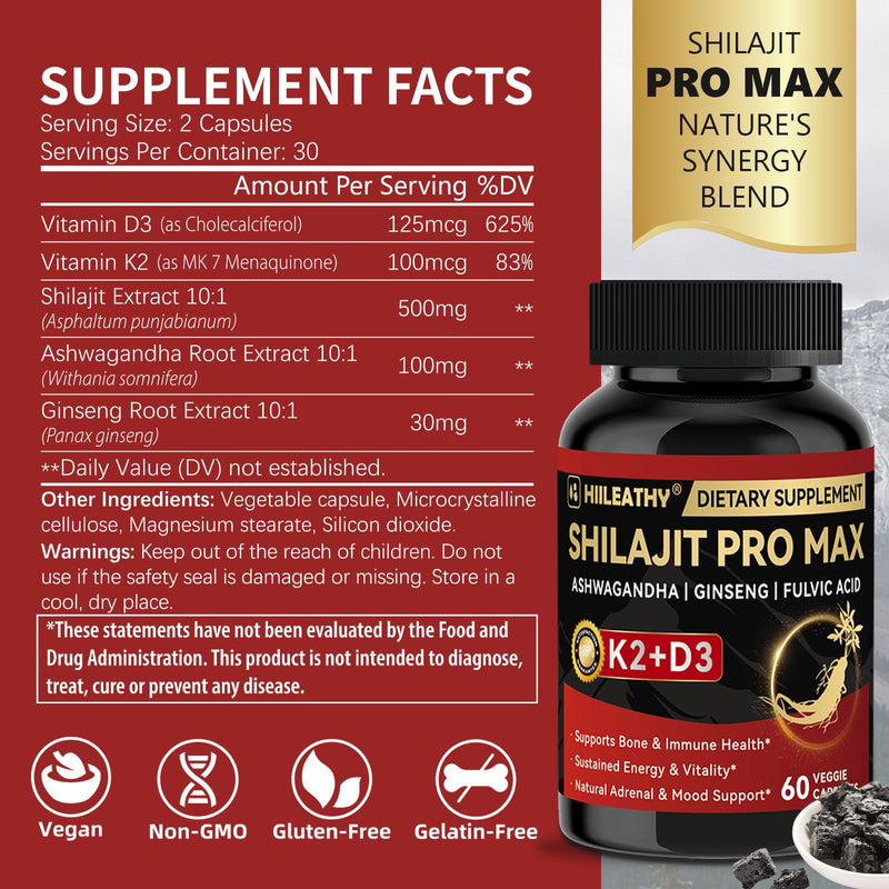 2 Pack Shilajit for Men Women, Shilajit w/Vitamin D3 K2, Shilajits for Men w/Fulvic Acid Ashwagandha, Shilajits for Extra Power Stamina Immune Support, Non-GMO Made in US 60 Capsules 2