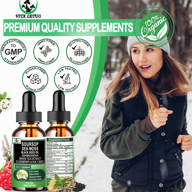Soursop Drops,Soursop Bitters Liquid with Sea Moss Black Seed Oil Green Tea Extract Ashwagandha Elderberry Holy Basil-Multimineral&Vitamins Superfood Drops for Immune&Digestive & Cell Support