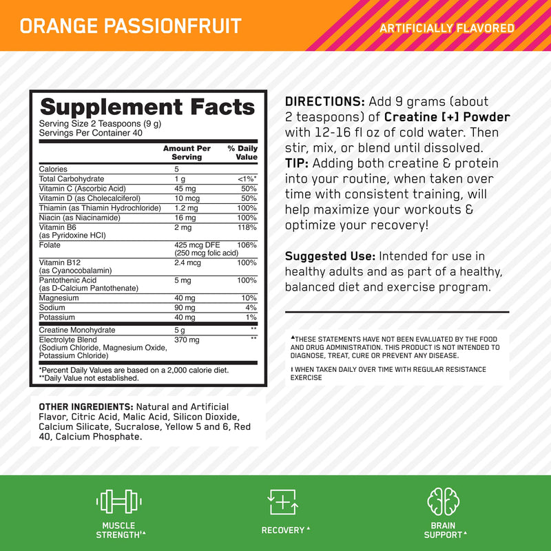 Optimum Nutrition Creatine Monohydrate Plus Powder, Orange Passionfruit Flavored Creatine Performance Blend With Electrolytes for Hydration, Added Vitamins, 40 Servings, 360 Grams (Packaging May Vary) | Monohydrate Creatine Performance Blend, with Elec...