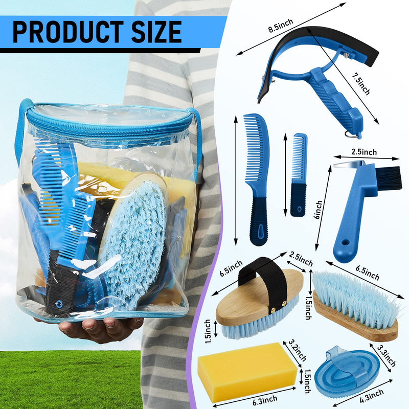 9 Pieces Horse Grooming Kit Tack Room Supplies Set with Organizer Tote Bag, Oval Massage Curry, Hard and Soft Brush, Hoof Pick, Sweat Scraper, Bathing Sponge, Combs for Horse Riders Beginners (Blue) Blue - BeesActive Australia
