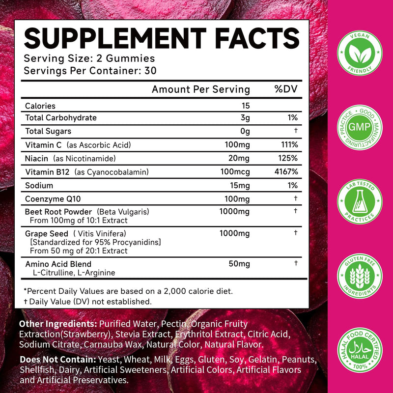 Beetroot Gummies with Grape Seed, Niacin, CoQ10, Vitamin C, B12, L-Citrulline & L-Arginine, Antioxidant Support, Sugar-Free Beet Root Supplement for Women & Men, 120 Count 30 Count (Pack of 2)