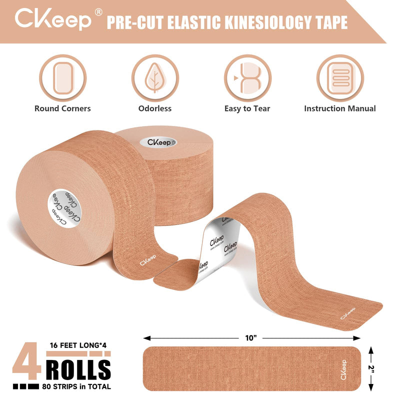 CKeep 4 Rolls Kinesiology Tape, Original Cotton Elastic Athletic Tape, 20 Precut 10" Strips Each, Beige, Ideal for Muscle Support & Injury Prevention - BeesActive Australia