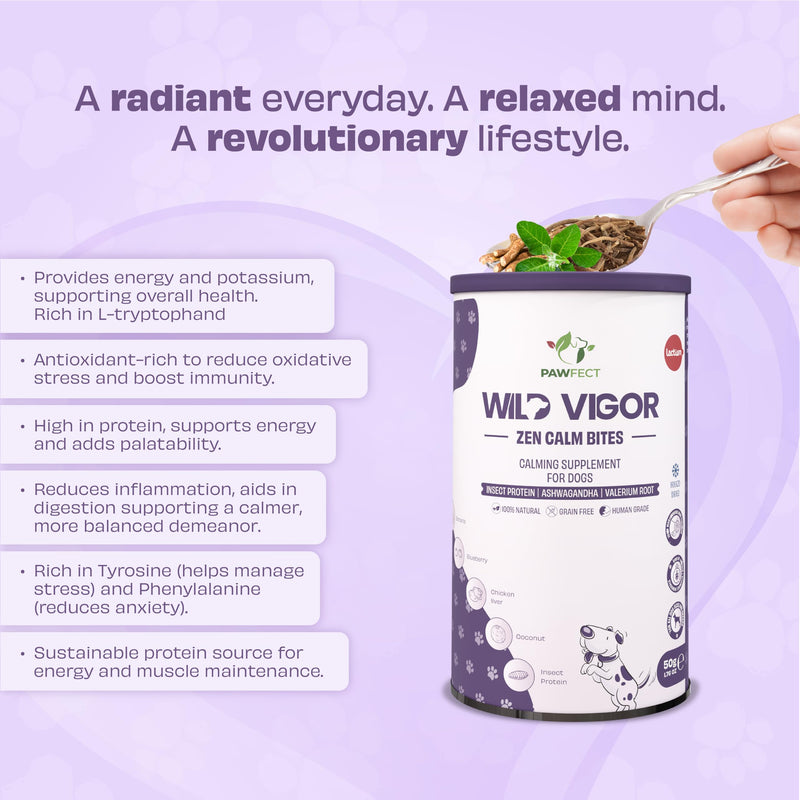 Pawfect Wild Vigor Zen Calm Bites - Calming Supplement for Dogs - All Natural - Grain Free - Enriched with Insect Protein, Chamomile, Valerian Root, Ashwagandha & Choline (70g/2.46oz)