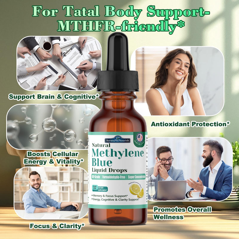 2 Pack Methylene Blue Drops for Humans Pharmaceutical Grade, 11-in-1 Brain Formula w. Vitamin C Ester, Cacao & Phosphatidylserine, Support Cognitive, Memory & Focus, Third Party, Formaldehyde-Free Lemon 2 Fl Oz (Pack of 2)