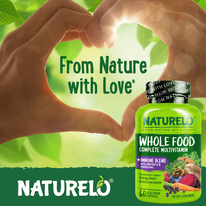 NATURELO Whole Food Multivitamin + Immune Blend with Elderberry & Mushrooms - Complete Multivitamin with Extra Immune Support - C, D3, Zinc, Elderberry, Reishi, Shitake - 60 Vegan Capsules 60 Count (Pack of 1)