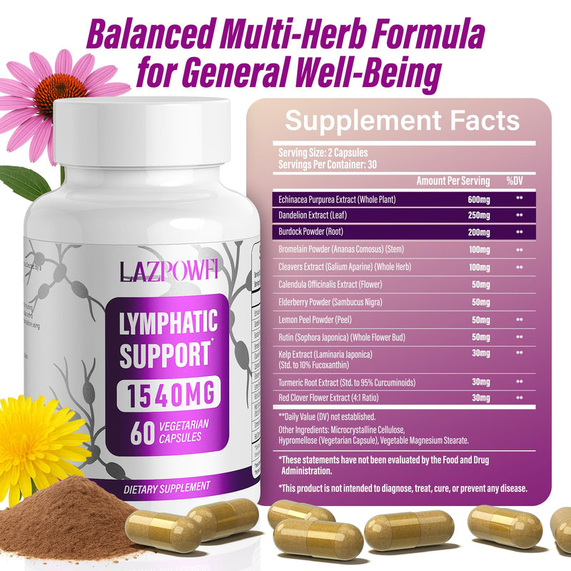 Lymphatic Drainage Supplements, 1540mg Lymph System Support Supplement for Women & Men with Dandelion, Burdock, Echinacea,Rutin, Turmeric,Cleavers & More, 60 Capsules 1 Count (Pack of 60) - BeesActive Australia