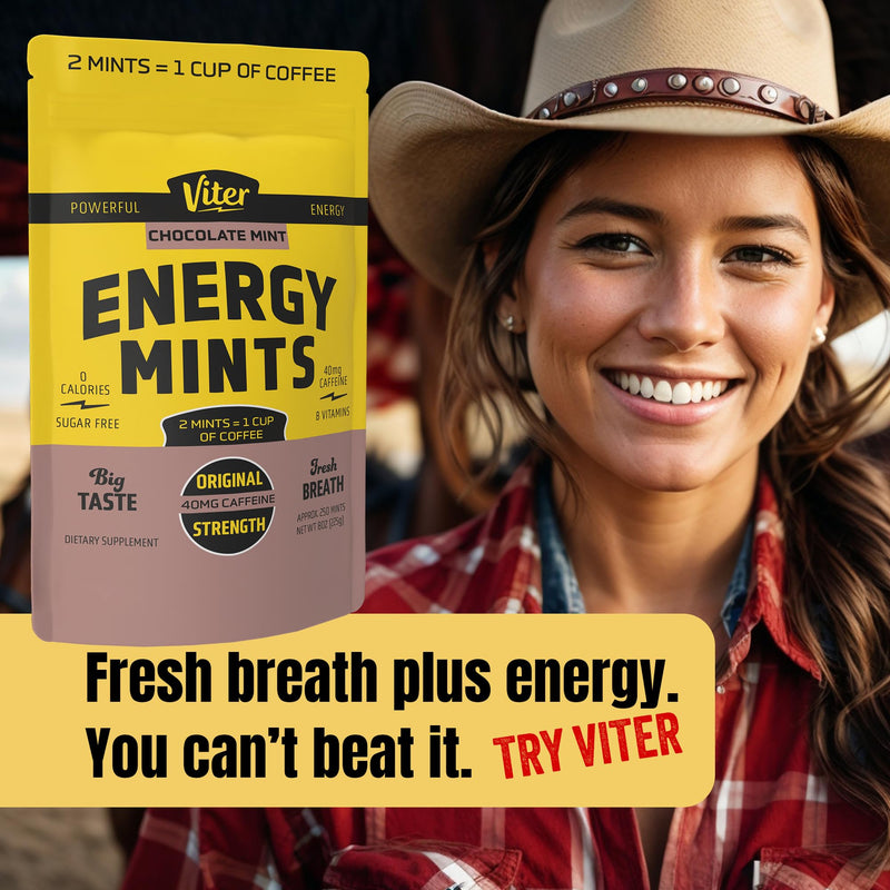 Viter Energy 40mg Caffeine Mints - Sugar Free, B Vitamins, Vegan, Boosts Fast Energized Alert Focus, Caffeinated Nootropic Supplement Pills (Chocolate Mint Flavor, 8oz, Bulk Bag) Chocolate Mint 250 Count (Pack of 1)