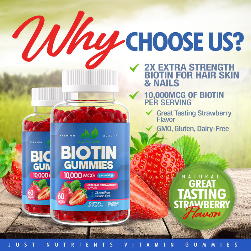 Biotin 10,000mcg Gummies for Hair Growth, Skin & Nails - 2x Maximum Strength Biotin Vitamins for Women & Men - Gluten-Free, Vegan, Non-GMO, Great Tasting Strawberry Flavor - 60 Gummies (1 Month) 60 Count (Pack of 1)