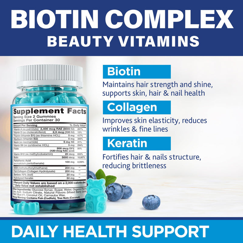 Biotin Collagen Keratin Gummies - Hair Growth Support for Women, Men, 60pcs | Supports Thicker, Fuller-Looking Hair, Stronger-Looking Nails & Healthy Skin - 5,000mcg Biotin with Collagen, Keratin Biotin Gummies