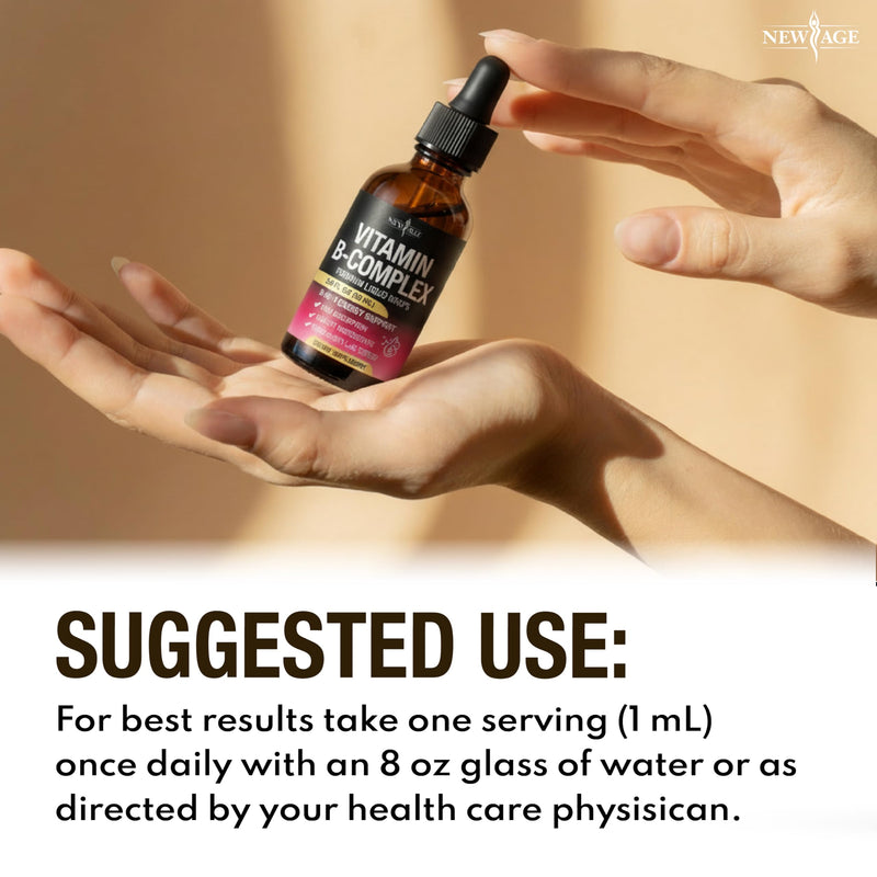 NEW AGE Vitamin B-Complex B5 Pantothenic Acid | B12 Methylcobalamin | B1 Thiamine | B6 Pyridoxine | B7 Biotin | B9 Folic | B3 Niacinamide - B Complex Liquid Drops, Made in USA Supplement - 8fl oz 2 Fl Oz (Pack of 4)