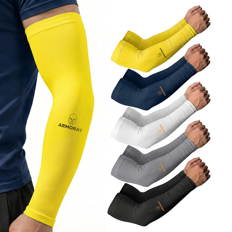 ARMORAY Arm Sleeves for Men and Women - UV Sun Protection Cooling Compression - Tattoo Cover Up Sleeve for Daily Wear & Work Hi Vis Yellow + Navy + White + Gray + Black (5 Pairs) One Size Fits Most - BeesActive Australia