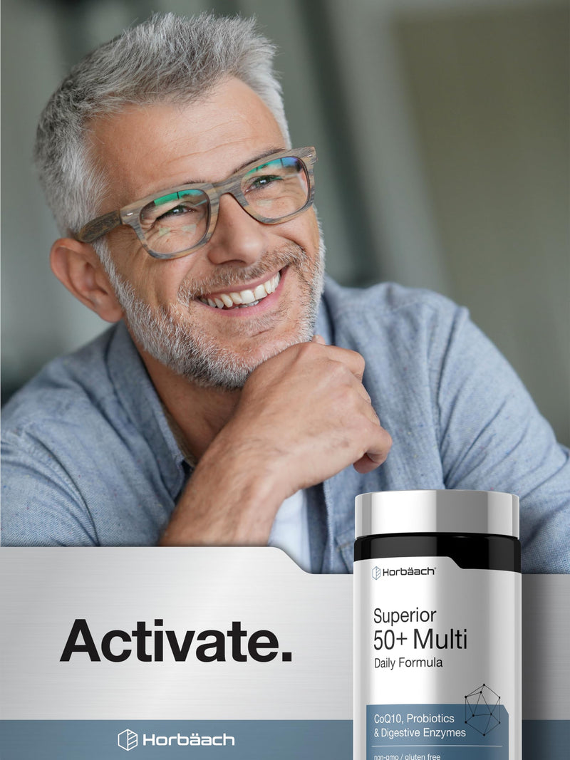 Horbäach Multivitamin for Men and Women Over 50 | 120 Caplets | Daily Supplement for Adults | with Coq10, Probiotics & Digestive Enzymes | Vegan, Non-GMO, Gluten Free Formula