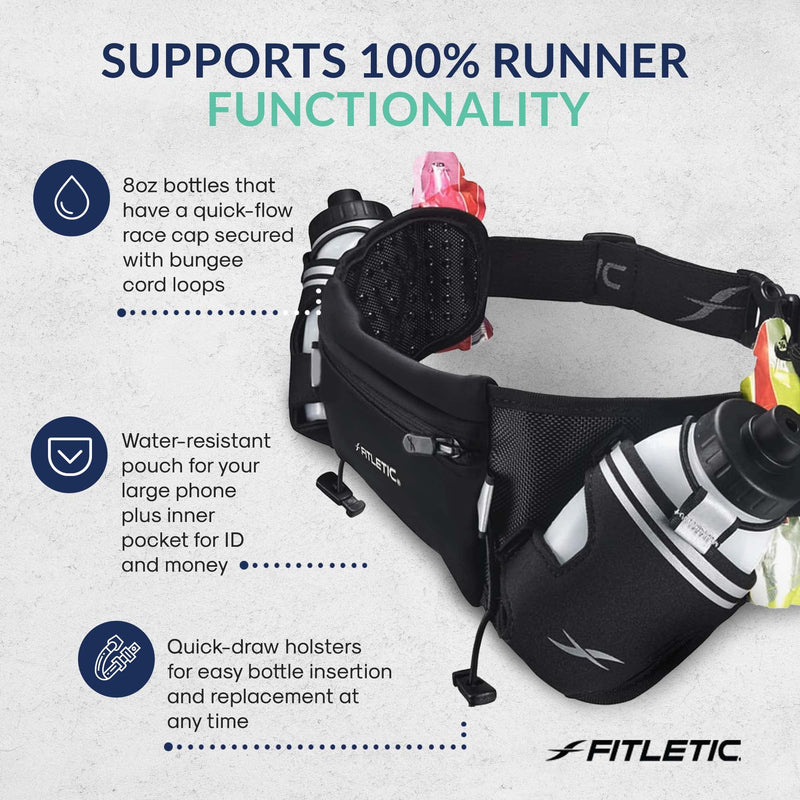 Fitletic Hydration Running Belt with Water Bottles for Men & Women – 2 Quick Flow 8oz Running Water Bottles, Patented Bounce Free Design, Water Resistant Pouch Fits All Phones – Hydra 16 L/XL (35"-42") Black - BeesActive Australia