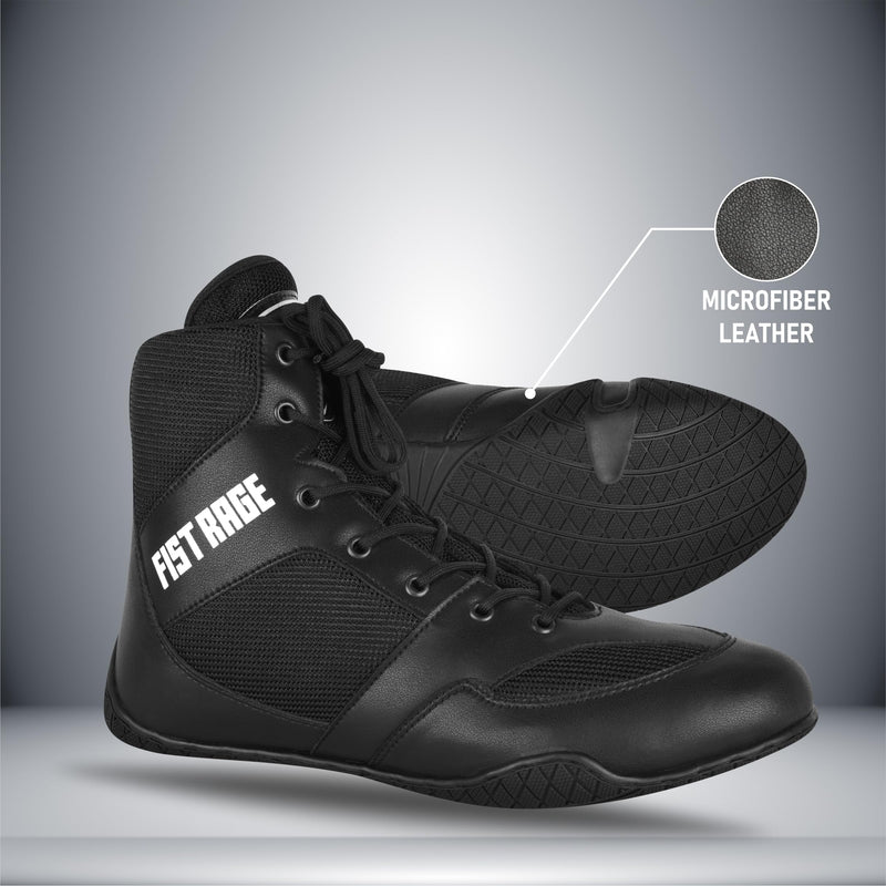FISTRAGE Boxing Shoes Lightweight Microfiber Leather Kickboxing Training and Fighting Boots Pro Fighters with Mesh and Rubber Sole for Extra Grip - Ventilated Design - Men, Women, Kids Sizes Along With Sting Bag 8.5 Women/7 Men Black - BeesActive Australia
