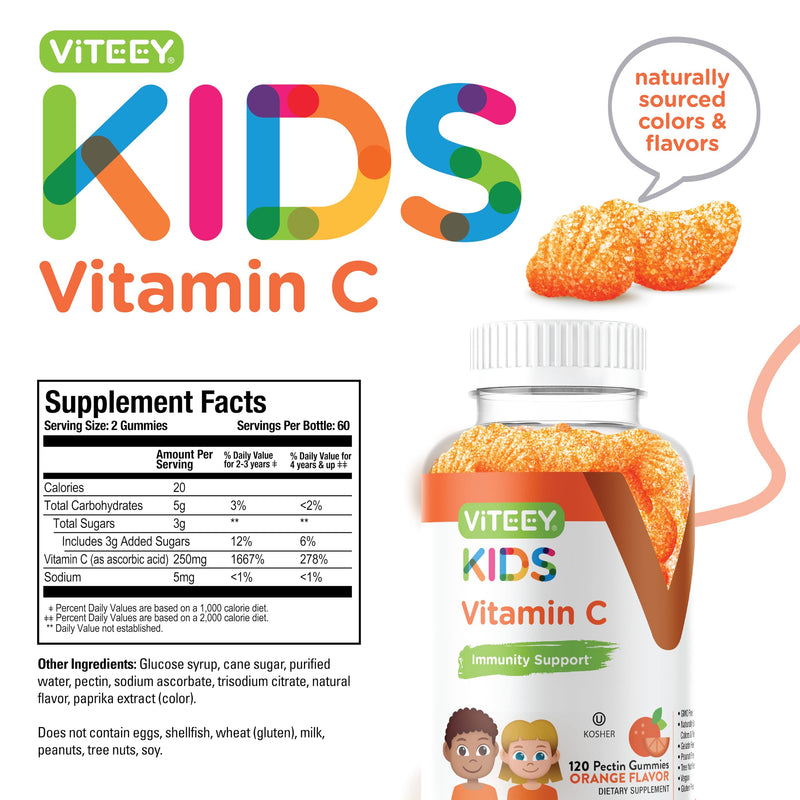 Viteey Kids Vitamin C Gummies - Tasty Chewable Orange Flavored | Immune Support for Kids, Toddlers, & Teens - Vegan, Gelatin Free, Gluten Free, GMO Free Immunity Gummy-120 Count 120 Count (Pack of 1)