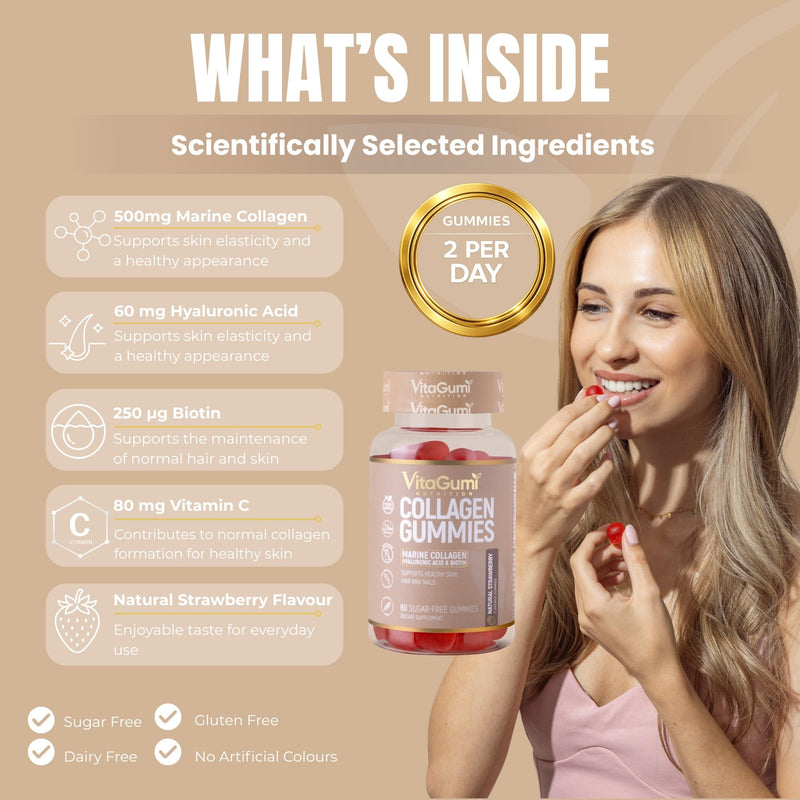 Collagen Gummies | 500mg Type I Marine Collagen, Hyaluronic Acid, Biotin, Vitamin C & Zinc | Supports Healthy Skin, Hair & Nails | 60 Sugar-Free Vegan Gummies | Strawberry Flavour