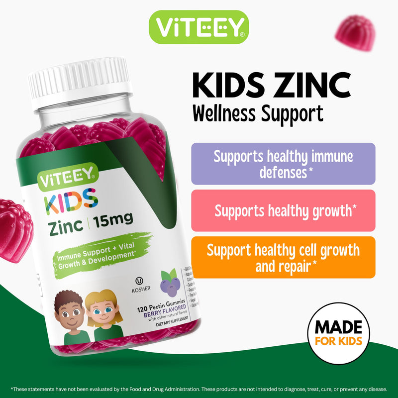 Viteey Zinc for Kids Gummies - 15mg - Tasty Chewable Berry Flavor Gummy | Immune Support - Powerful Natural Antioxidant, Kids Zinc Vitamin Supplement - Vegan, Gelatin Free, Gluten Free - 120 Count 120 Count (Pack of 1)