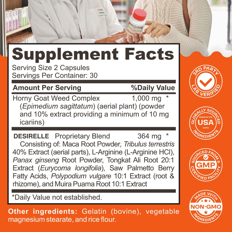 Female Libido Booster for Women Fast Acting with Tribulus Terrestris - Hornygoatweed for Women, Mood Support Supplement Enhancer Pills with Maca Root - 60ct Desirelle 60 Count (Pack of 1)