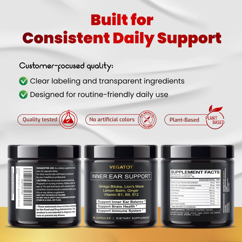 Inner Ear Support Supplement with Ginkgo Biloba, Lion's Mane, Lemon Balm & Ginger, Brain & Immune Wellness Formula with Vitamins B1, B6 & B12, 90 Capsules, Non-GMO, Gluten Free 90 Count (pack of 1)