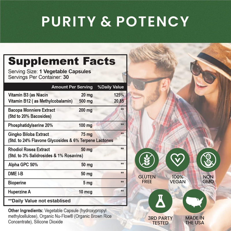 Brain Booster Nootropics - Brain Shield with Ginkgo Biloba, Alpha GPC and Bacopa Monnieri, Vitamin B12, B3 - Support Focus, Memory & Clarity, Energy & Stress Relief. (1)