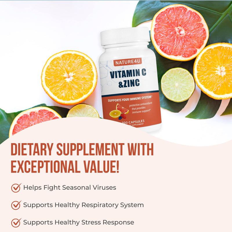 Vitamin C 1000mg with Zinc, Rose HIPS and Citrus Bioflavonoids, Immune Support Supplement Antioxidants Protection, 300 Capsules 300 Count (Pack of 1)