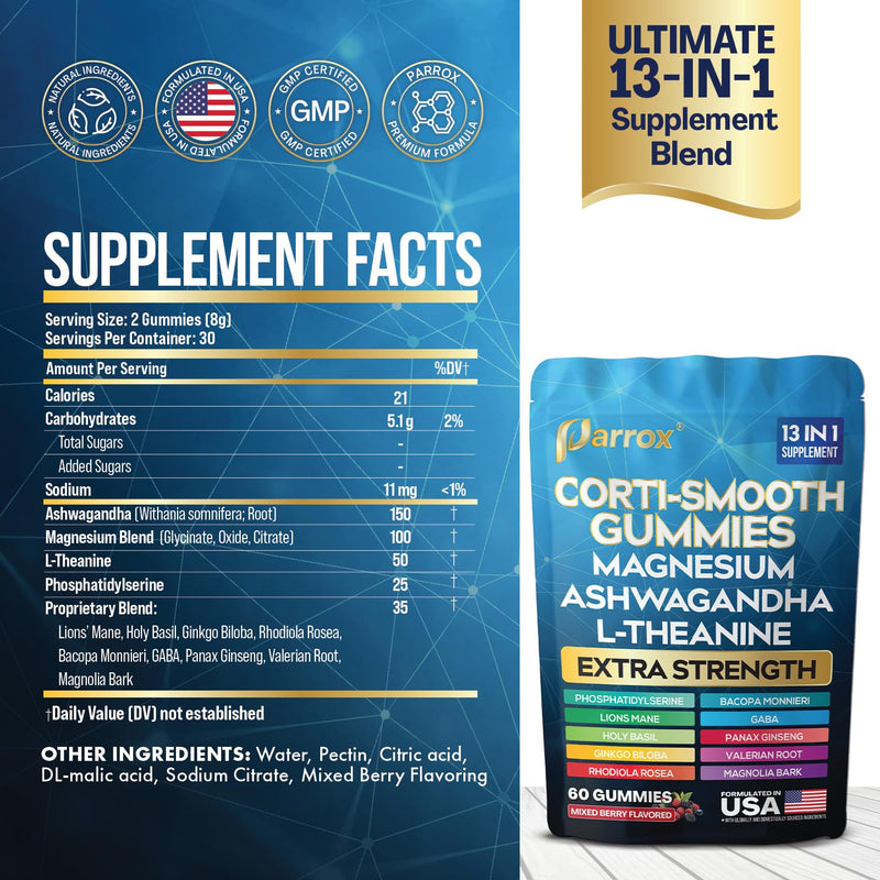 Cortisol Gummies, Magnesium & Ashwagandha, Berry, Corti-Smooth, 2 Pack | Magnesium, L-Theanine, Ashwagandha, Phosphatidylserine, Bacopa, Lions Mane, Ginkgo Biloba, Valerian Root 60 Count (Pack of 2)