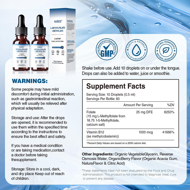 Niree 15mg L-Methylfolate with Methyl-B12 Liquid Supplement, Supports Improved Focus, Balanced Mood, Cognition Clarity, Better Sleep & Immune Health, Organic Berry Flavor