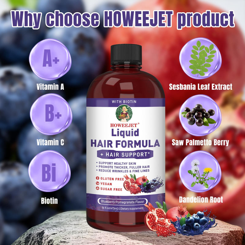 Liquid Multivitamin for Hair Formula | Biotin 2500mcg | Healthy Hair Habits | Clinically Tested for Thicker Hair & Skin Elasticity for Women | Ages 18+ | 16 Fl Oz (Blueberry Pomegranate Flavor) Blueberry Pomegranate Flavor