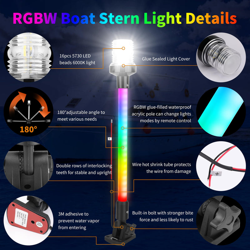 RVZONE 16inch Anchor Light RGBW Boat Stern Light IP67 Waterproof with Remote Control 180°Fold Down Marine Navigation Lights for Boats LED for Pontoon, Jon Boat, Bass Boat, Fishing Boats (16 inch) 16 inch