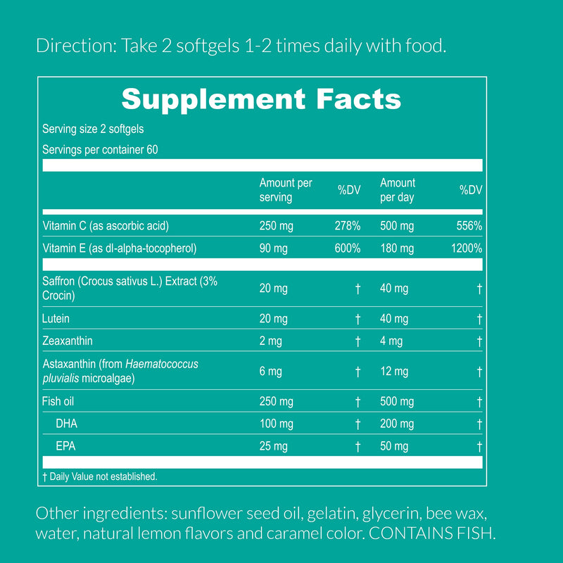 UpNourish AREDS 2+ - Advanced Eye Vitamin Supplement for Macular Health and Dry Eye - Lutein, Zeaxanthin, Saffron, Astaxanthin & DHA - Supports Eye Strain, Pressure, Night Vision - 120 softgels - BeesActive Australia