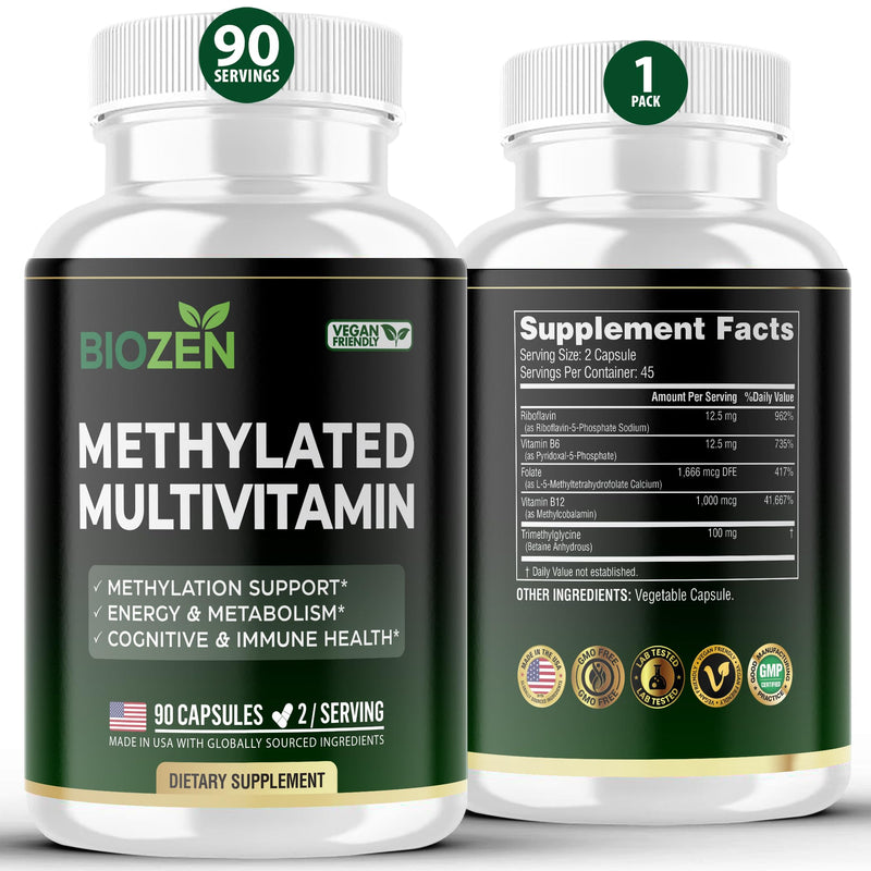 Methylated B Complex with TMG | Methylfolate 5-MTHF, Methylcobalamin B12, P5P B6, R5P B2 | MTHFR & Homocysteine Support | Energy, Focus & Mood | 90 Vegan Capsules | Non-GMO, GMP