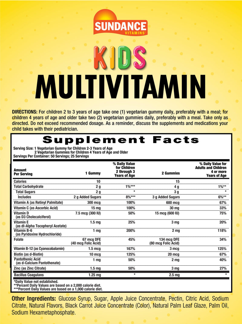 Sundance Kids Multivitamin Gummies | with Vitamins D3, C, B12, and Zinc | 50 Count | Mixed Berry Flavor | Vegetarian, Non-GMO & Gluten Free Supplement