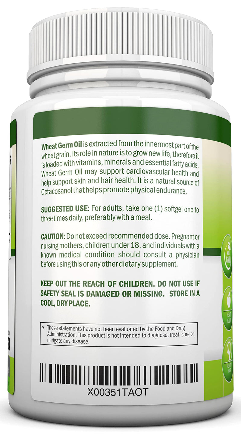 Wheat Germ Oil – 1130mg – 180 Softgels – Cold-Pressed & Non GMO – Natural Source of Vitamin E – Nourished Skin and Healthy Hair – Heart Health – Powerful Antioxidant – Increased Energy and Stamina