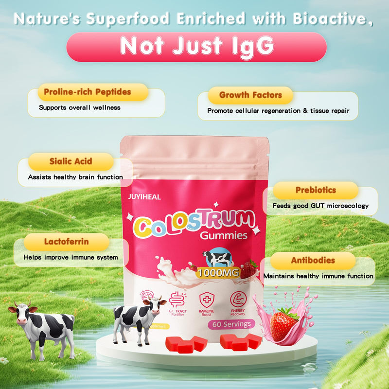 Core Bovine Colostrum Gummies, 1g Per Serving Grass Fed Colostrum Chews Colostrum Supplement for Gut Health, Hair Growth, Beauty, and Immune Support, Strawberry Flavor 60 Servings