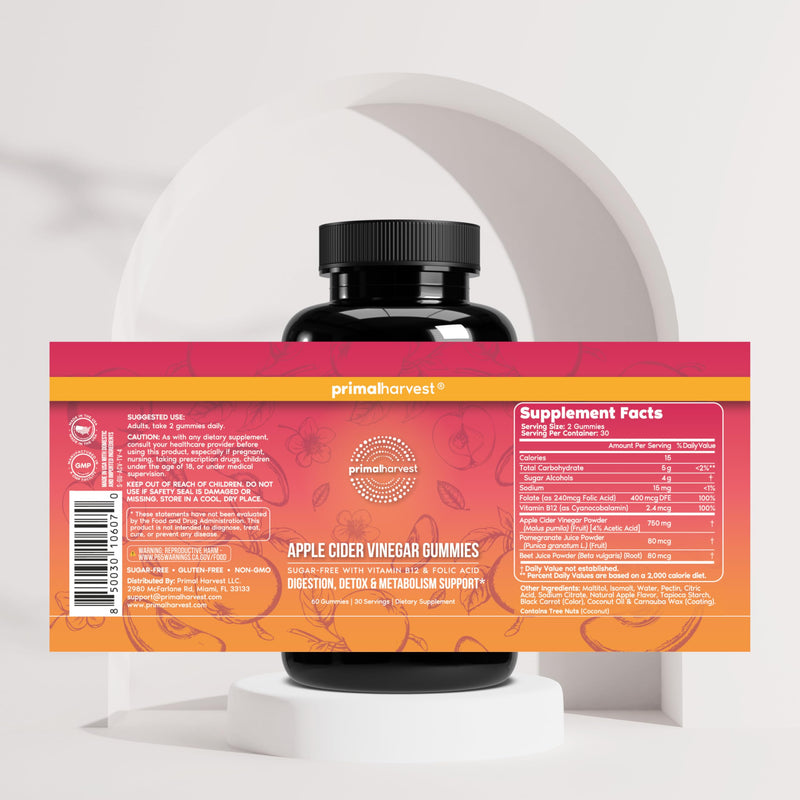 Primal Harvest ACV Gummies, 60 Sugar Free Apple Cider Gummies Beetroot and Pomegranate to Support Immunity, Digestion and Detox 750 MG 1