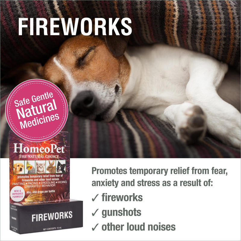 HomeoPet Fireworks, Safe and Natural Loud-Noise-Anxiety Calming Supplement for Cats, Dogs, and Other Small Animals, 15 Milliliters