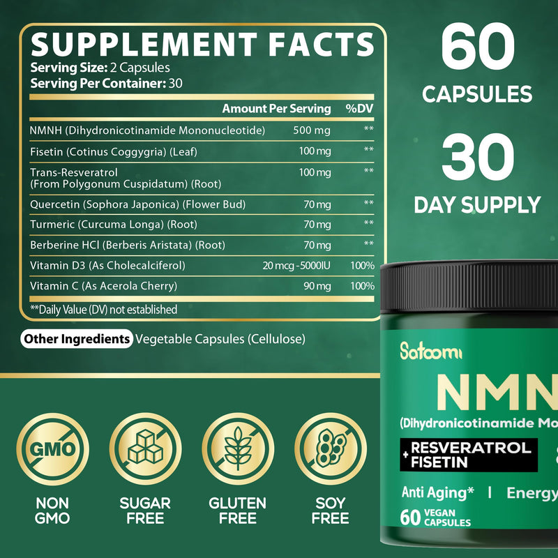 Satoomi 8in1 NMNH - NMN Supplement Alternative - NAD Supplement to Support NAD Levels Added Fisetin, Resveratrol, Quercetin, Turmeric, Berberine, Vitamin D3 & C - 60 Count for 30 Days Green 8in1