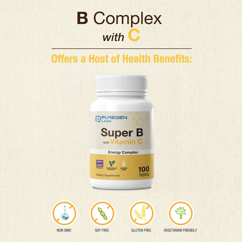 Puregen Labs Super B Energy Complex with Vitamin C - Immune Health, Energy & Nervous System Support - Non-GMO, Gluten-Free 100 Vegetarian Tablets 1