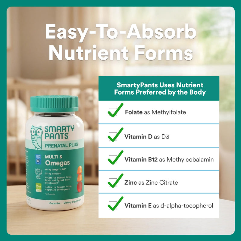 SmartyPants Prenatal Multivitamin Gummies with Omega 3 DHA/EPA, Methylfolate, Biotin, Vitamins D3, C, B12, B6, A, K, and Zinc, Gluten Free, Clean Label, Two Fruit Flavors, 90 Gummies (30 Day Supply) 30 servings, 90 Count Multi + Omega - 30 Day Supply