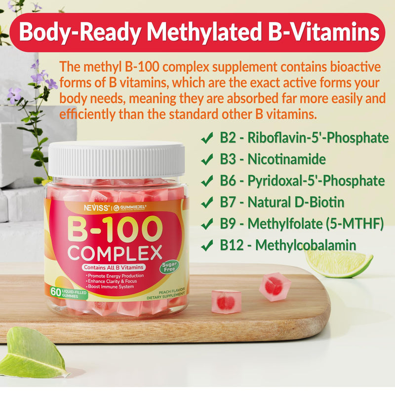 Super Vitamin B Complex Gummies for Men & Women, Full Methylated B Complex | B Vitamins, Methyl B12, Methylfolate, Vitamin C, Choline, Inositol, PABA for Energy Metabolism, Brain, 0g Sugar, Vegan,60 Cts 60 Count (Pack of 1)
