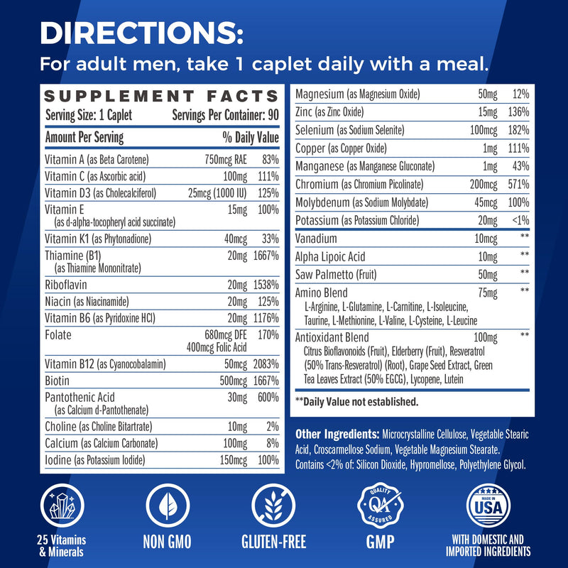 Vitamin World Ultra 360 Multivitamin for Men One Daily, Antioxidant Support | Men's Multivitamin with Minerals & Herbs, Vitamin A, C, D, E & Zinc for Energy & Immune Support, 90 Caplets