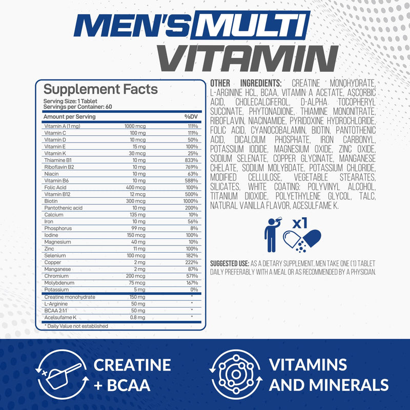 Forzagen Essentials Men's Multivitamin with Creatine and BCAA, Complete Vitamin and Mineral Complex, 60 Tablets