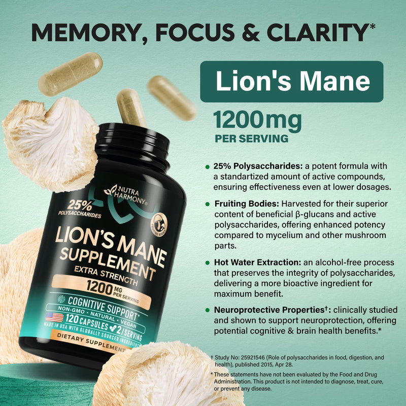 Lions Mane Supplement Capsules - Organic Lions Mane - Made in USA - Fruiting Bodies Extract - 1200 mg, 25% Polysaccharides - Memory & Focus Support - As Lions Powder - 120 Capsules, 2 Month Supply 120 Count (Pack of 1)
