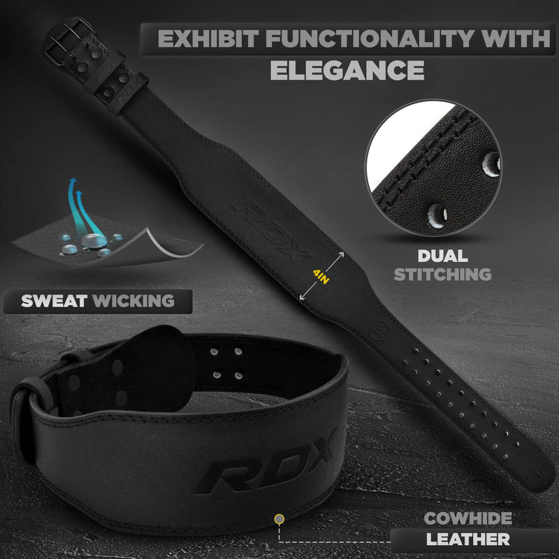 RDX Weight Lifting Belt Gym Fitness, Cowhide Leather, 4” 6” Padded Lumbar Back Support, 10 Adjustable Holes, Weightlifting Powerlifting Bodybuilding Deadlift Squat Workout Strength Training, Men Women Black 4 Inch L Fits 28 to 32 Inches