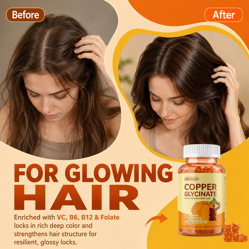 Copper Gummies, Skin & Hair Health, 2mg Chelated Copper Glycinate for Women | Copper Glycinate Gummies with Vitamins C, B6, B12 & Folate for Red Blood Cell Formation, Energy Metabolism & Immune Support