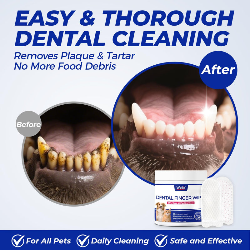 Wellix 100 Count Dog Teeth Cleaning Wipes for Dogs & Cats - Natural Formula Dental Care Finger Wipes Reduces Dog Plaque, Tartar & Bad Breath - No-Rinse Disposable Dog Dental Wipes