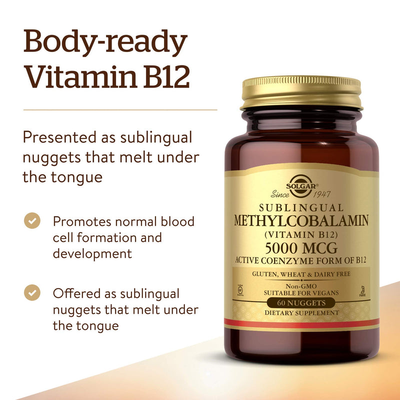 Solgar Methylcobalamin (Vitamin B12) 5000 mcg, 60 Nuggets - Cherry Flavor - Supports Energy Metabolism - Body-Ready, Active Form - Non-GMO, Vegan, Gluten Free - 60 Servings Vitamin Unflavored 60 Count (Pack of 1)