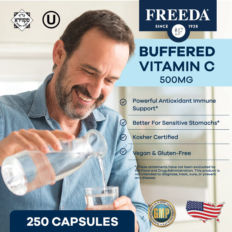 FREEDA Vitamin C - Buffered Vitamin C 500mg - Kosher - Powerful Antioxidant Immune Support - Sensitive Stomach Vitamins C Capsules Calcium Ascorbate - Vitamin C 500 mg - VIT C Supplement (250 Count) | Includes 50mg Calcium – Supports Immune Health & An...
