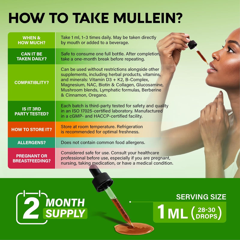 Mullein Drops for Lungs- Mullein Leaf Extract for Lungs-Support Lung Cleanse & Respiratory Function for Healthy Breathing | Non-GMO | Vegan | 2 fl oz Unflavoured