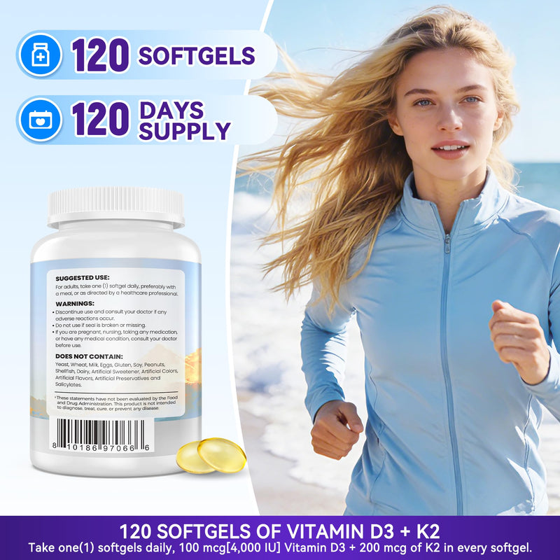 4000 IU Vitamin D3 & 200 mcg K2 MK-7 Vitamin K2 (MK7) with D3 Supplement Supports Bone, Calcium Balance, Immunity & Mood 2 in 1 Formula Easy to Swallow D & K Complex, 120 Softgels